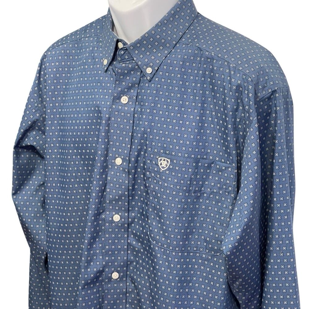 Ariat Long Sleeve Fitted Button Up Dress Shirt 100% Cotton Blue Pattern Mens XL - Picture 4 of 13